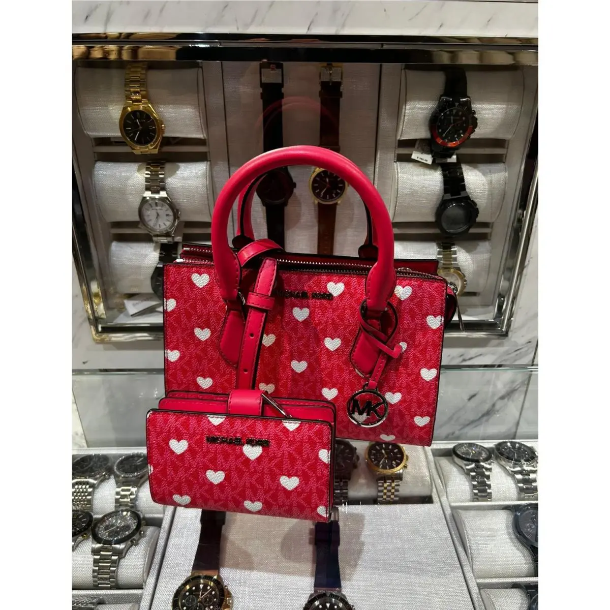 Michael Kors Sheila Women Small Embellished Satchel Bag+ Bi-fold Wallet Hibiscus