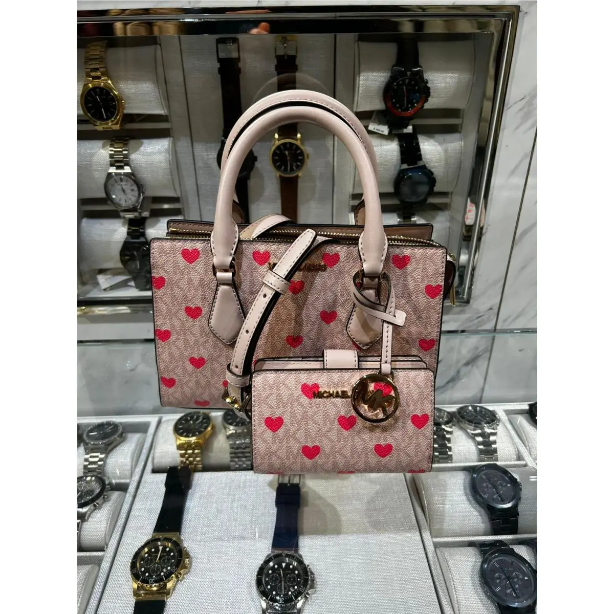 Michael Kors Sheila Women Small Satchel Bag + Bi-fold Wallet Set Powder Blush