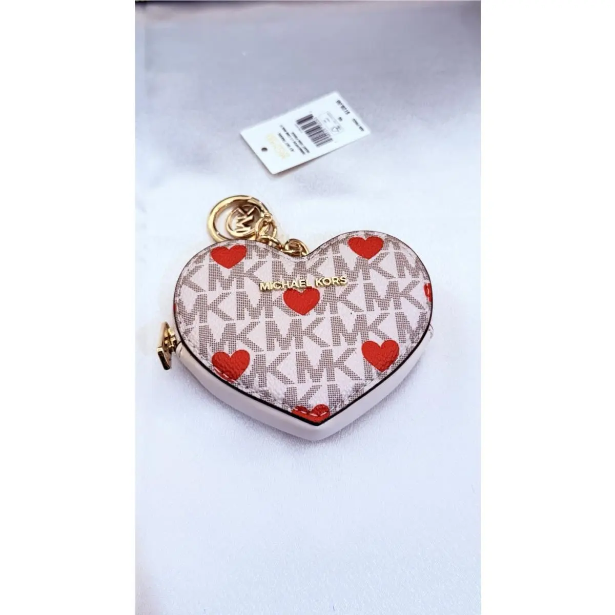 Michael Kors Small Printed MK Logo Heart Coin Pouch Light Cream Keychain Ring