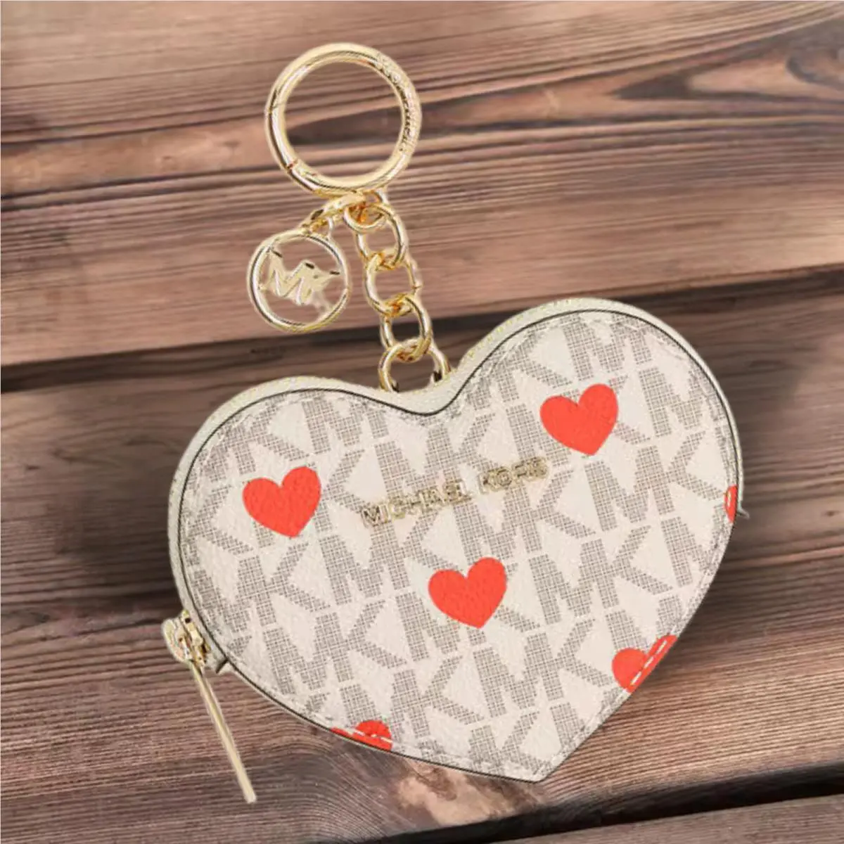 Michael Kors Small Printed MK Logo Heart Coin Pouch Light Cream Keychain Ring