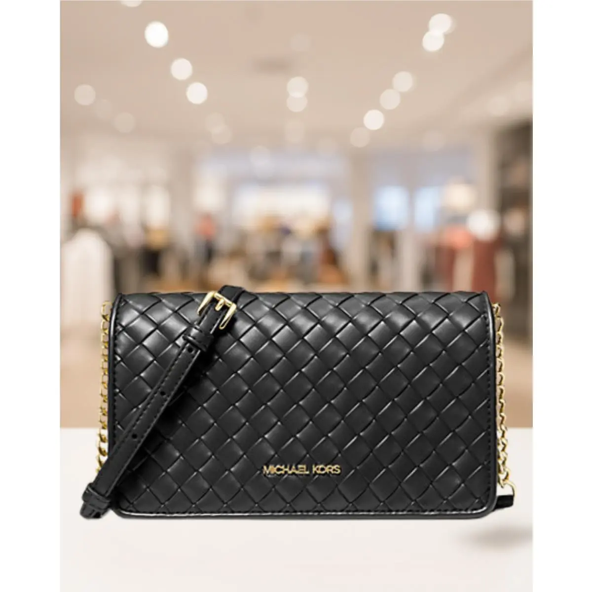 Michael Kors Jet Set Women Medium Woven Full Flap Crossbody Purse Bag Black