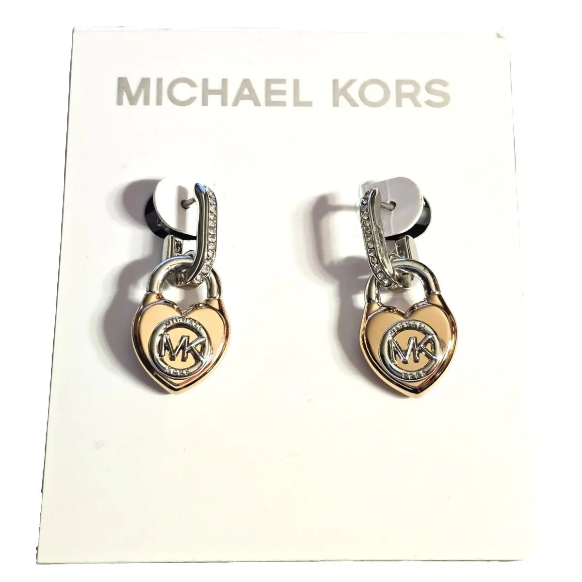Michael Kors 2 Tone Rose Gold Brass Pave Crystals Heart Padlock Drop Earrings