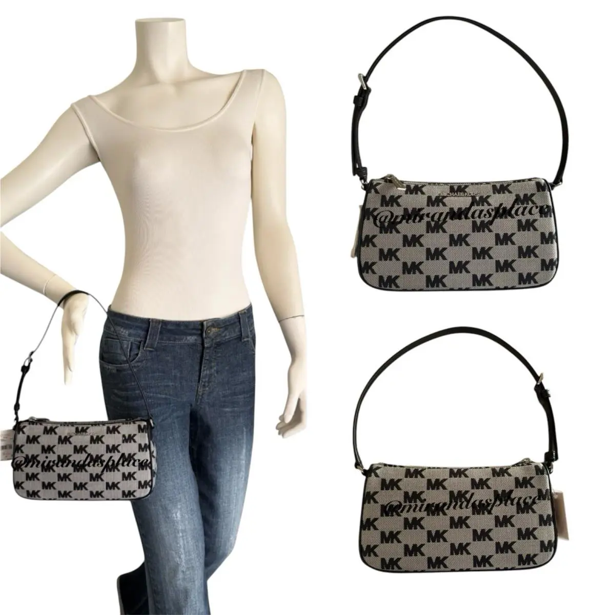 Michael Kors Jet Set Black Beige MD Pouchette Shoulder Bag