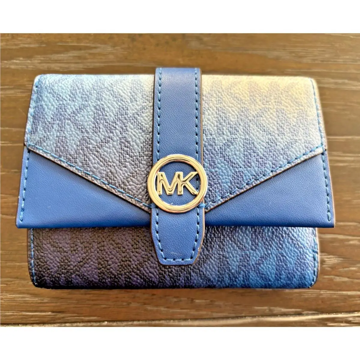 Michael Kors Greenwich Women Medium Ombré MK Logo Tri-fold Wallet Blue Galaxy