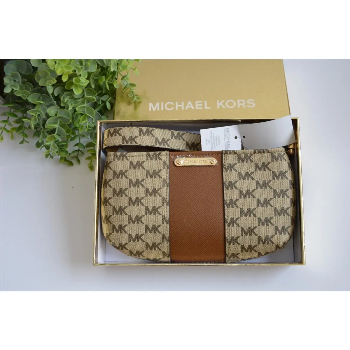 Michael Kors Adjustable Logo Belt L/xl Brown Fanny Bag W/gift Box