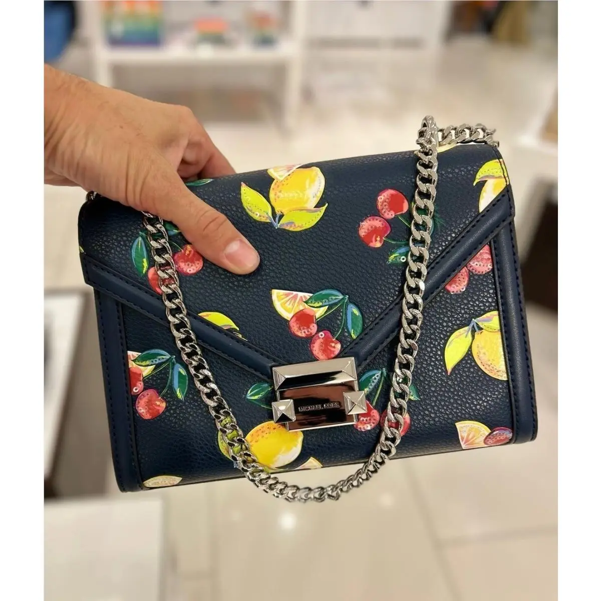 Michael Kors Shoulder Bag Whitney Medium Sequined Fruit Print Purse Navy