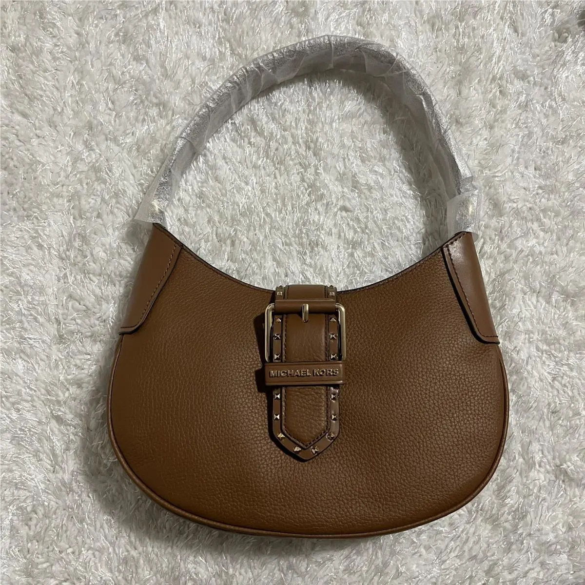 Michael Kors Bag Lillian Shoulder Purse Pebble Leather Cognac Gold Studs