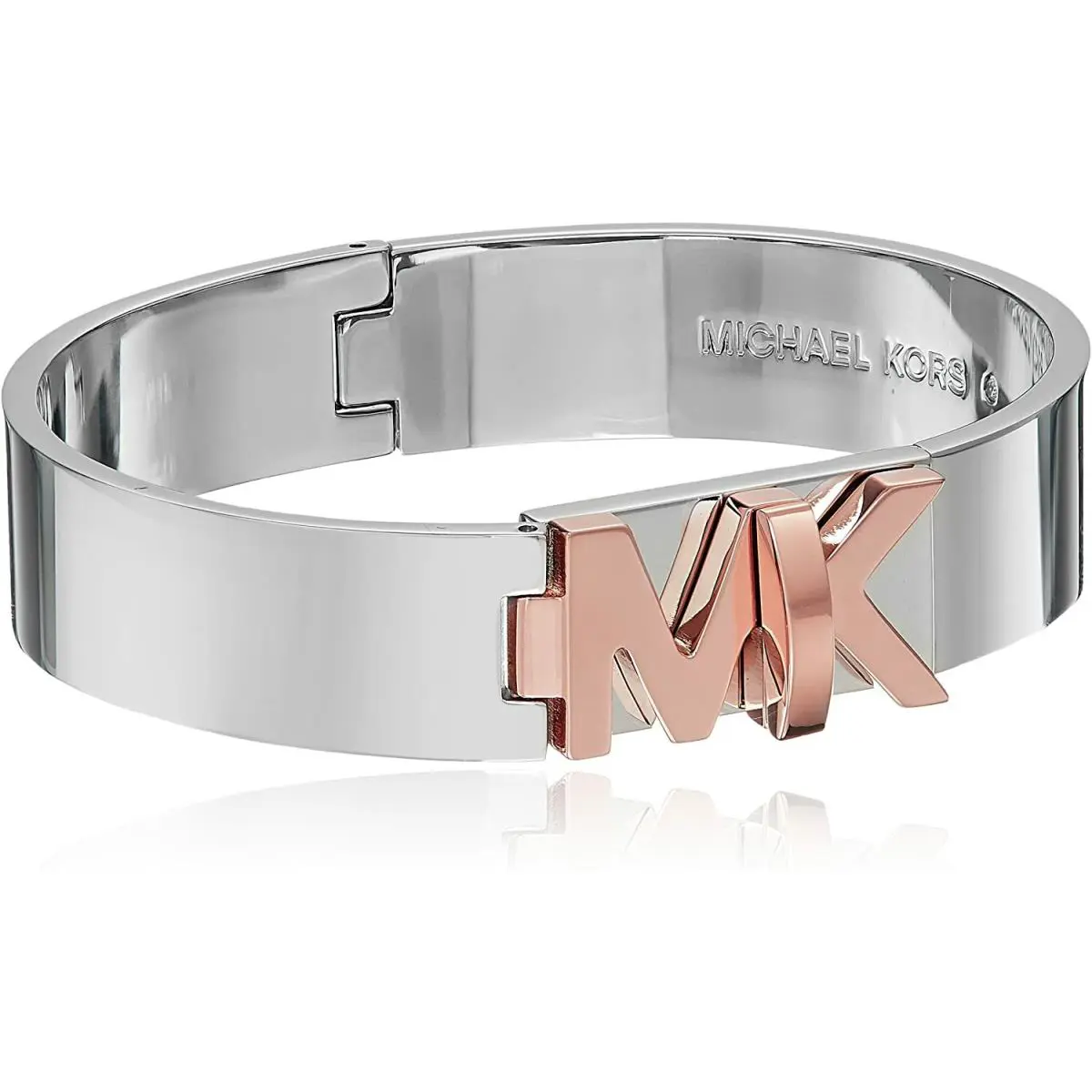 Michael Kors Silver Logo Rose Gold 2 Tone Turn Lock Oval Cuff Bangle MKJ6839