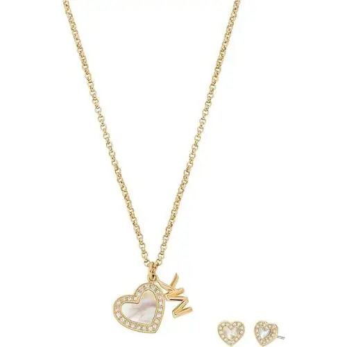 Michael Kors Set OF Gold Tone Crystal Mop Heart Shape MK Necklace Earrings+box