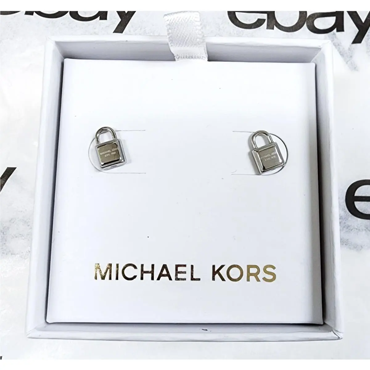 Michael Kors Silver Tone Pad Lock Stud Earrings MKJX3486