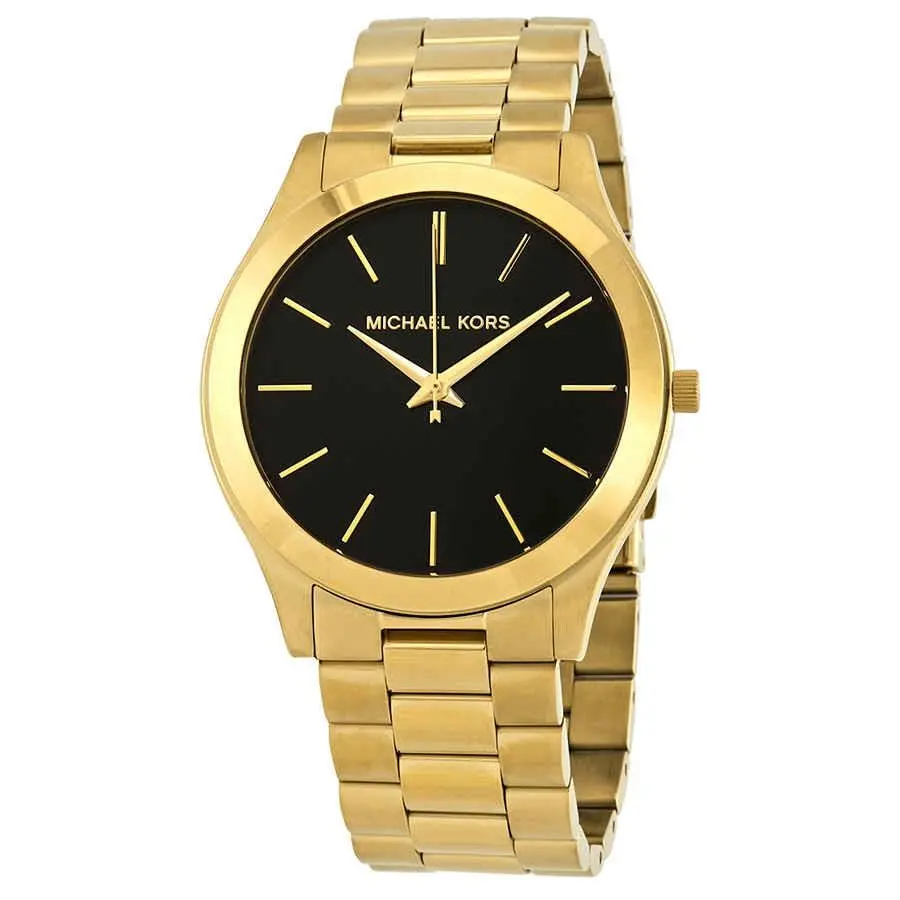 Michael Kors Slim Runway Black Dial Men`s Watch MK8621 - Dial: Black, Band: Yellow Gold-tone, Bezel: Yellow Gold-tone