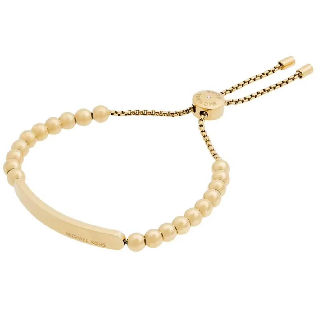 Michael Kors MK Logo Plaque Yellow Gold Beaded Slider Bracelet MKJ5588710 + Box