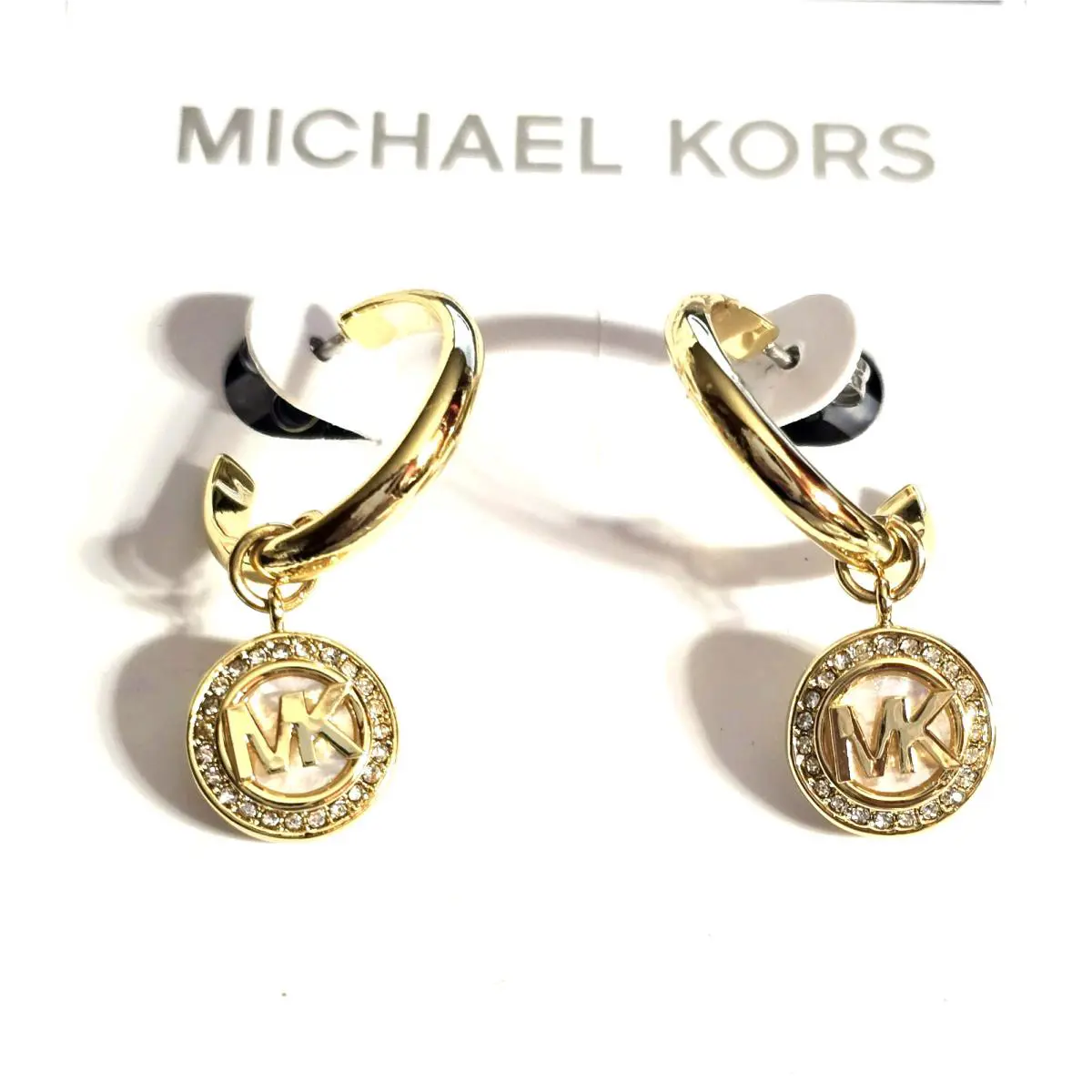 Michael Kors Gold Tone Round Mop Shape Logo Monogram Drop Hoop Earrings