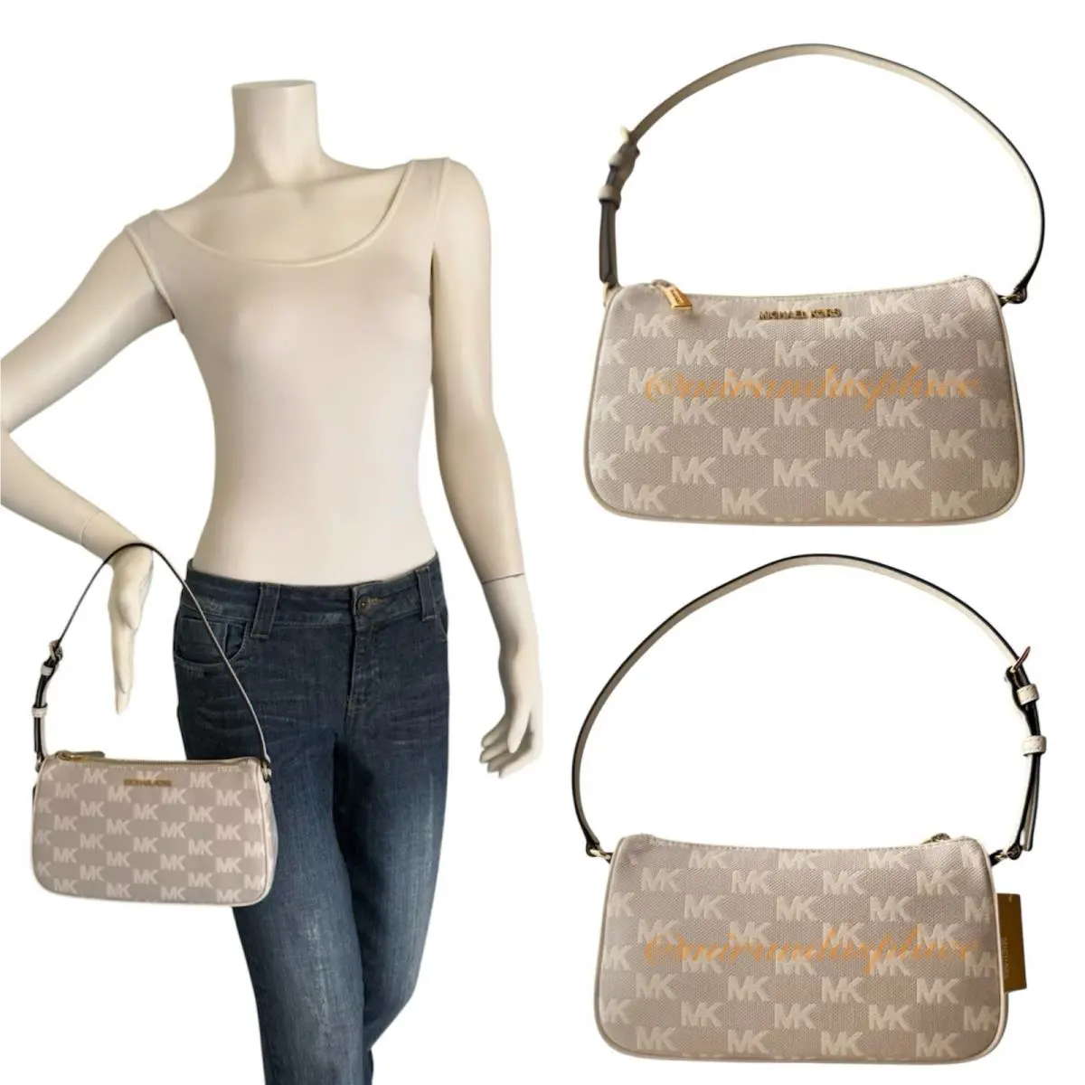Michael Kors Jet Set Natural Beige MD Pouchette Shoulder Bag - Handle/Strap: Beige, Hardware: Gold, Exterior: Beige/Black