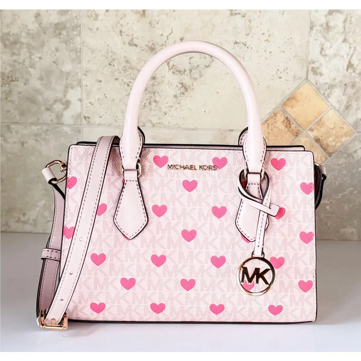 Michael Kors Sheila SM Center Zip Satchel Shoulder Crossbody Bag MK Pink/heart