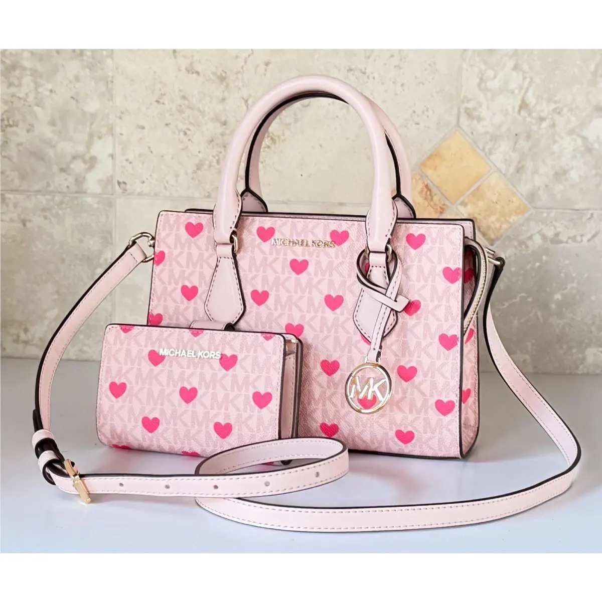 Michael Kors Sheila SM Satchel Shoulder Crossbody Bag + Wallet Set MK Pink/heart