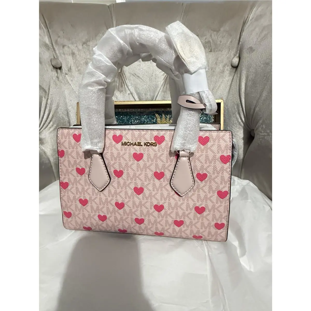 Michael Kors Sheila Small Center Zip Satchel Handbag Crossbody Bag MK Pink Heart