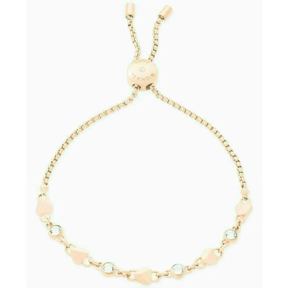 Michael Kors Rose Gold Chain Crystals Heart Charm Slider Bracelet MKJ7071