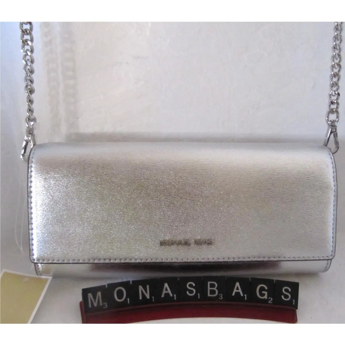 Michael Kors Silver Leather Flap Clutch Crossbody Bag