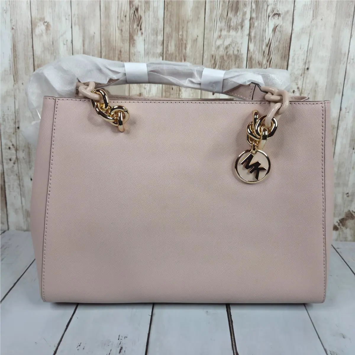 Michael Kors Cynthia Convertible Satchel Leather Handbag Soft Pink Gold Cha
