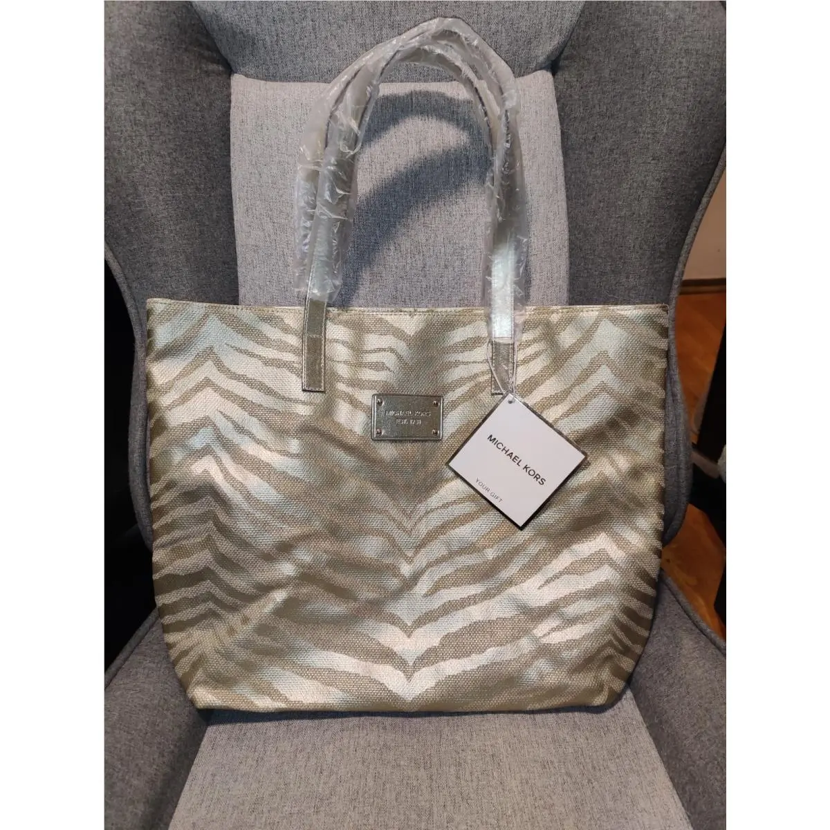 Fragrance Chic Gold Animal Print Canvas Tote Bag by Michael Kors