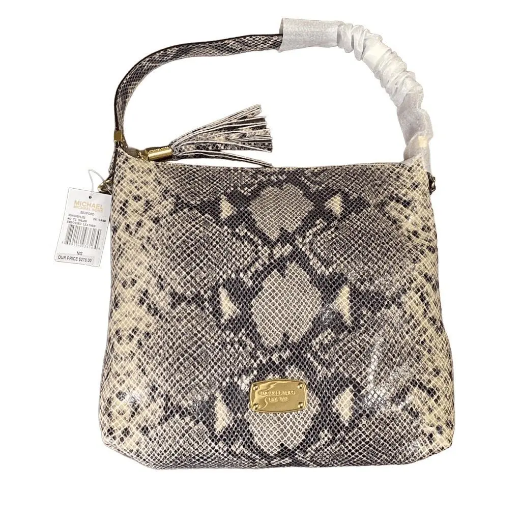 MK Michael Kors Purse Bedford Dark Sand Embossed Leather Snakeskin Bag