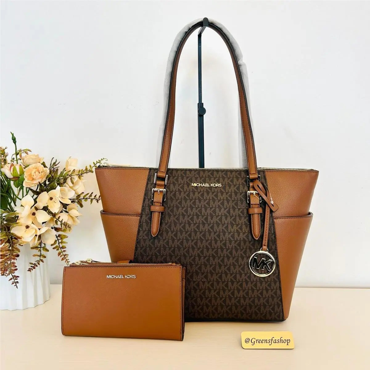 Michael Kors Charlotte Top Zip Tote Shoulder Bag Wallet Brown MK
