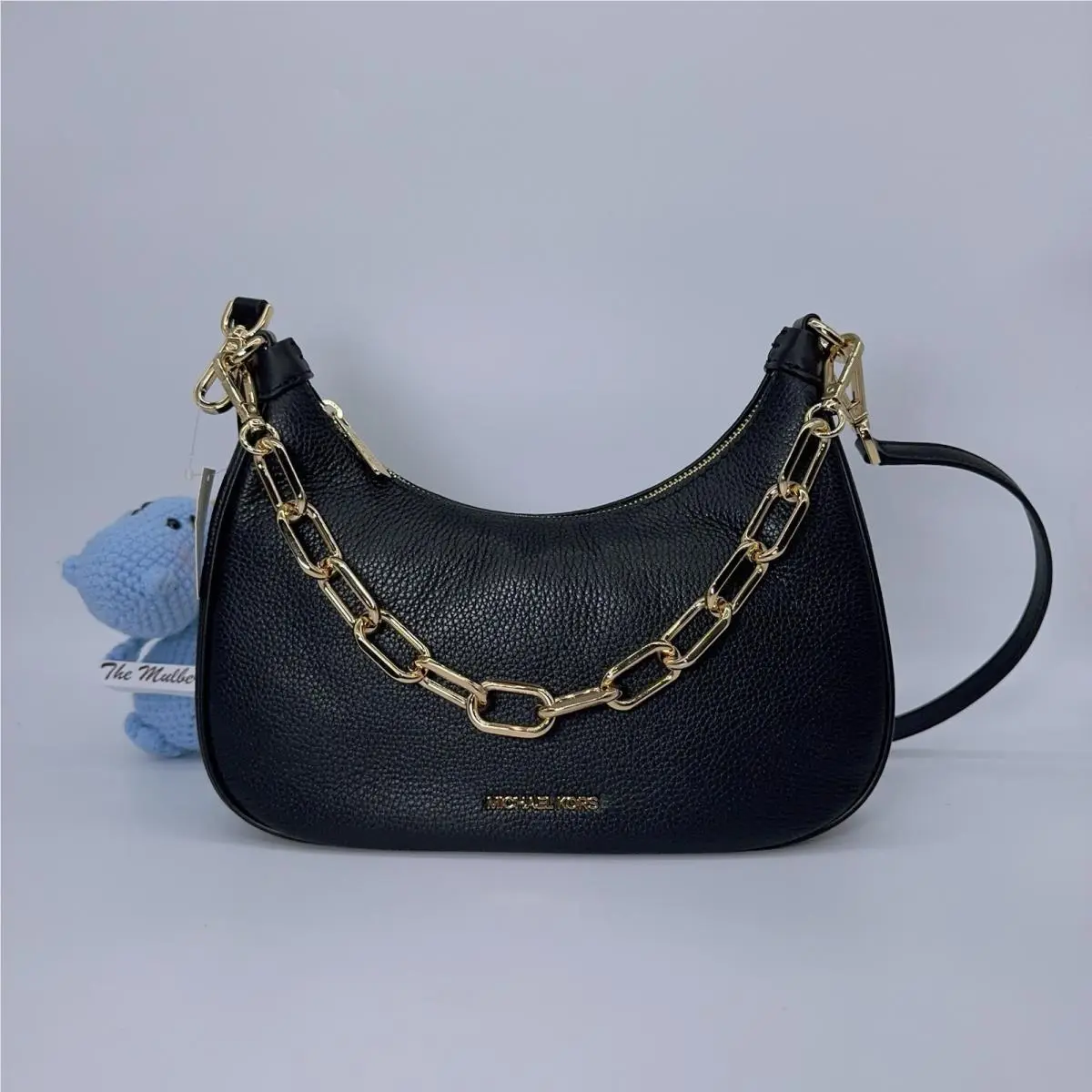 Michael Kors Cora Lg Zip Pouchette Black Gold Chain Pebbled Leather Shoulder Bag