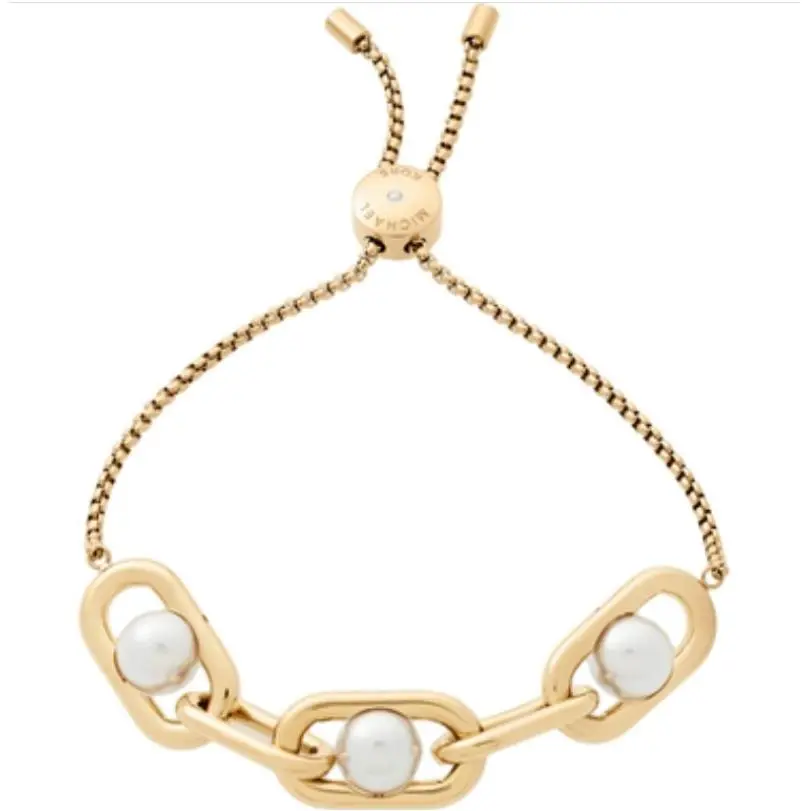 Michael Kors White Pearl Links Yellow Gold Slider Bracelet MKJ6977710 + MK Box