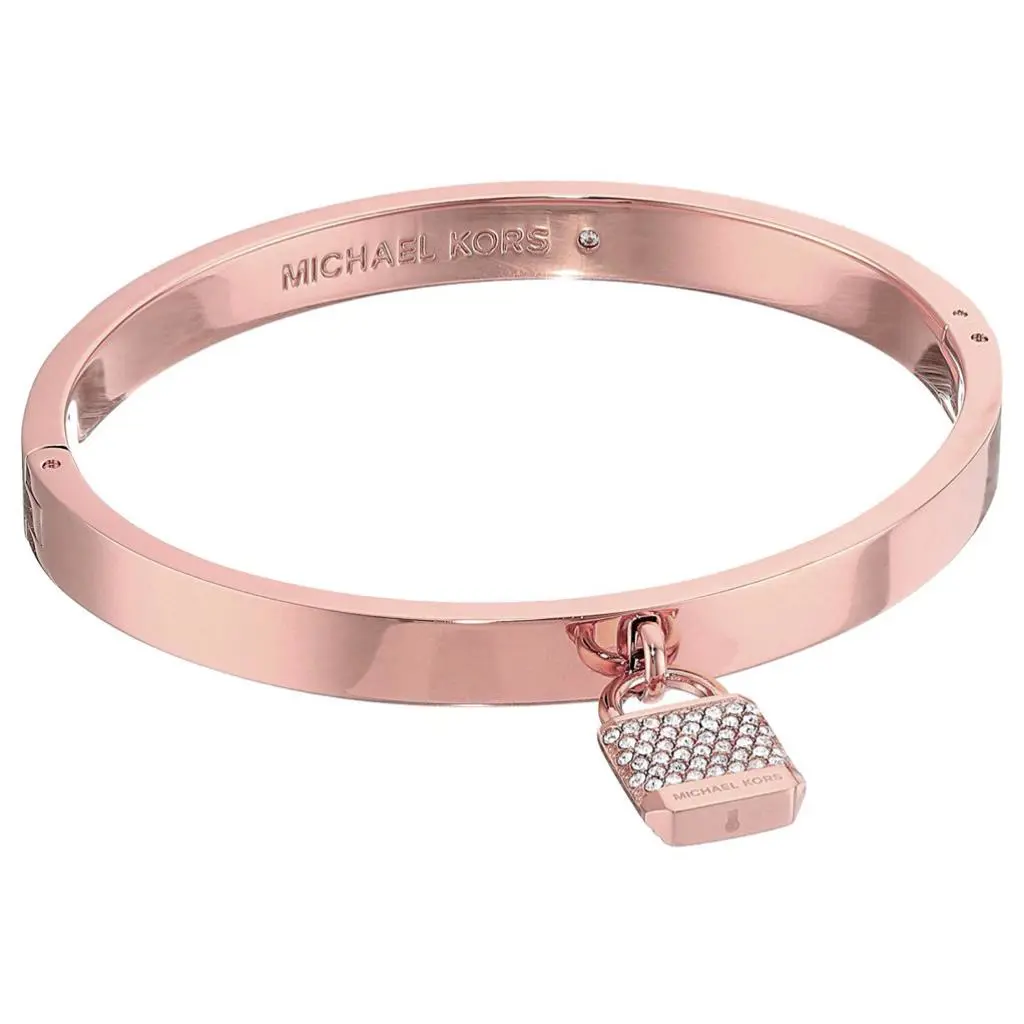 Michael Kors Rose Gold Bangle Bracelet Padlock Crystals Pave MKJ6356791 + MK Box