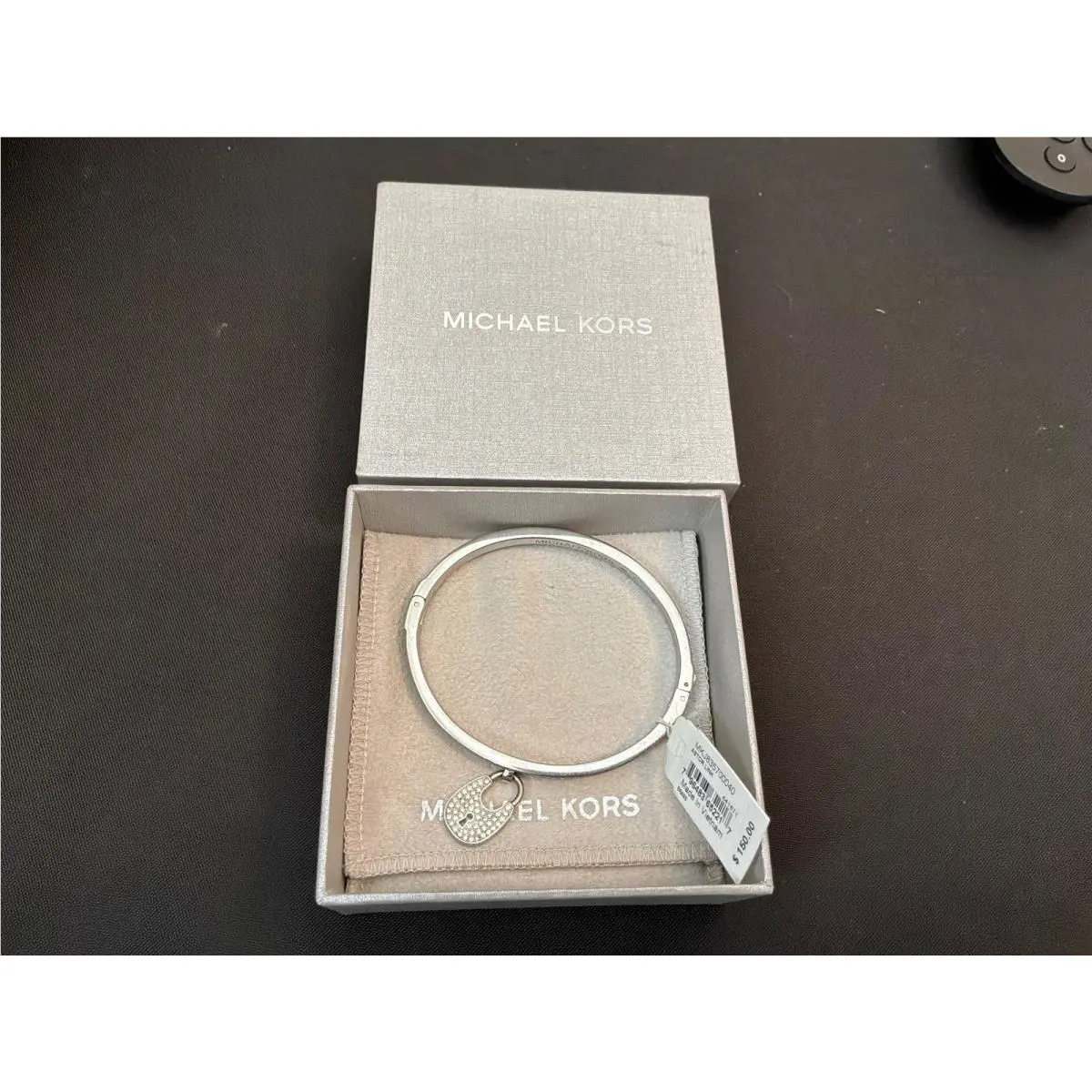 Michael Kors Bangle Rhinestone Pave Bracelet W Hanging Lock Charm Box/papers