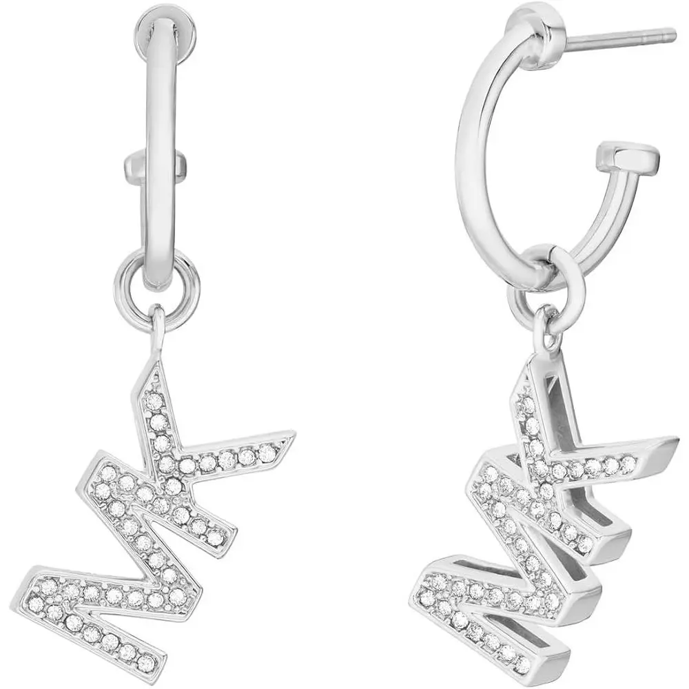 Michael Kors Silver Tone MK Crystals Logo Open Hoop Earrings MKJ8008 + Box