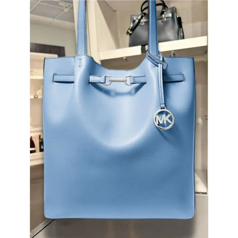 Michael Kors Carson Women Large MK Charm Leather Shoulder Tote Bag Light Sky