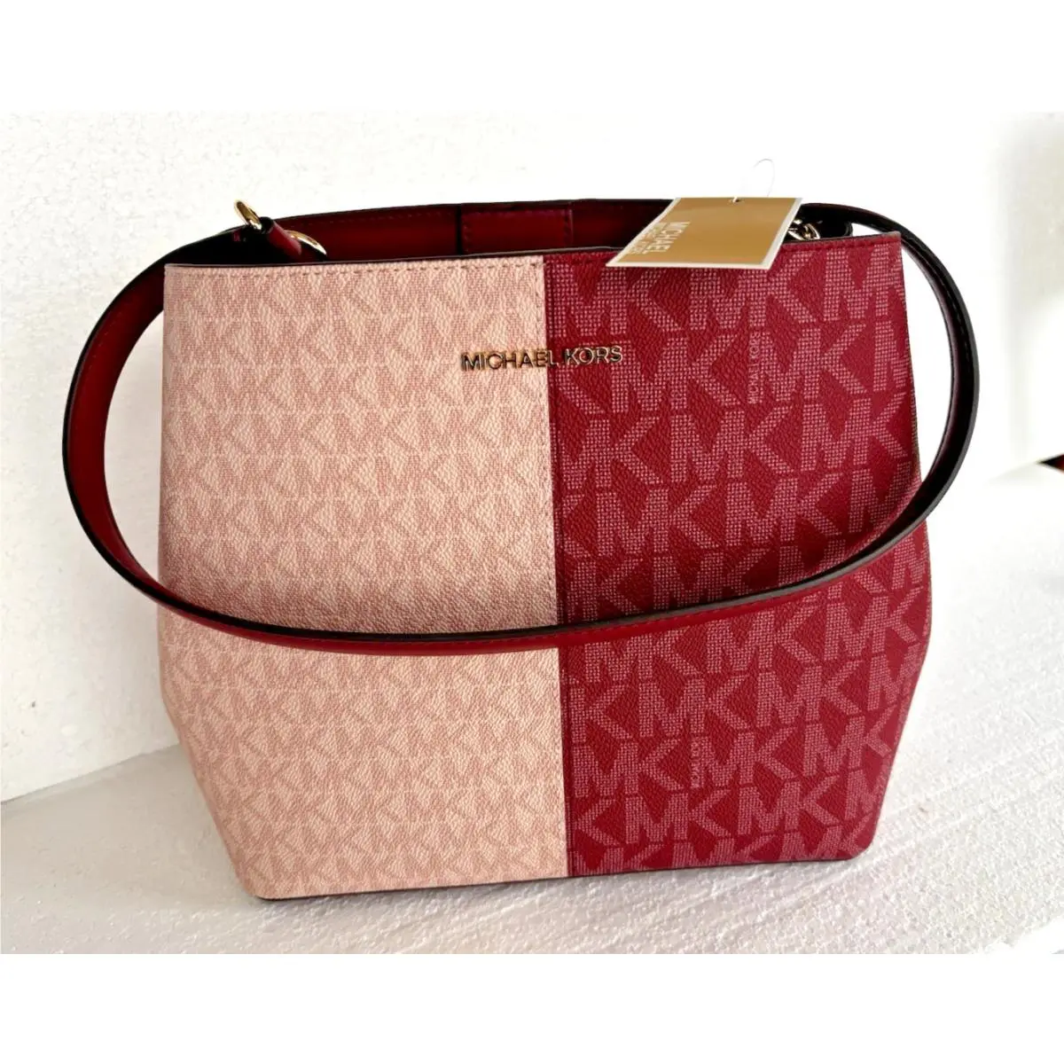 Michael Kors Pratt Women Medium Two-tone Logo Bucket Shoulder Bag Cherry Multi