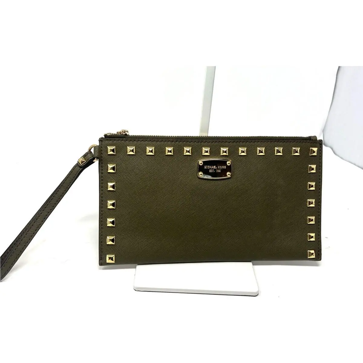 MK Olive Studded Saffiano Clutch Wristlet Saffiano Leather Wristlet by Michael Kors