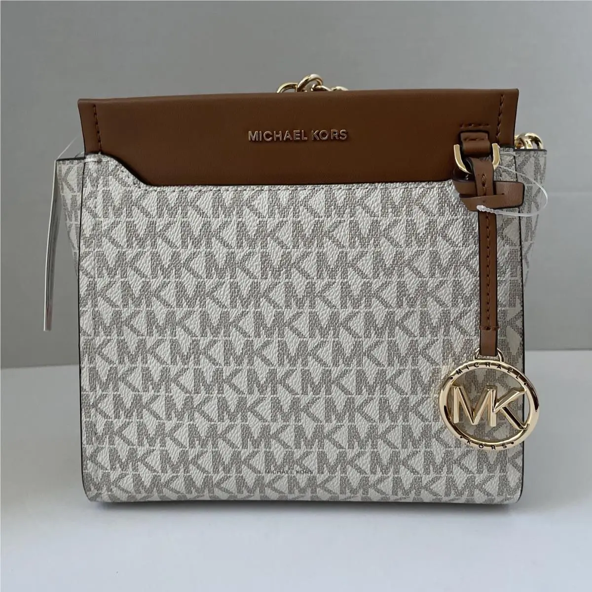 Michael Kors Graham Small North South Leather Messenger Vanilla Brown Gold