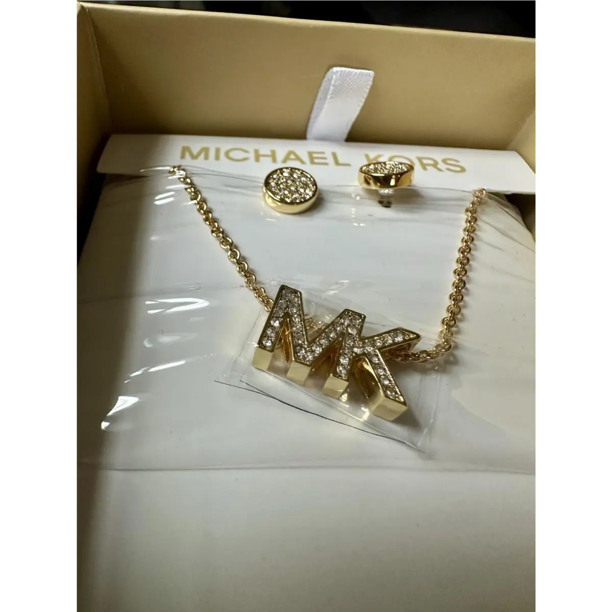 Michael Kors Gold Earrings + Necklace Logo Paved Diamonds 19 Inches MKJ8019SET