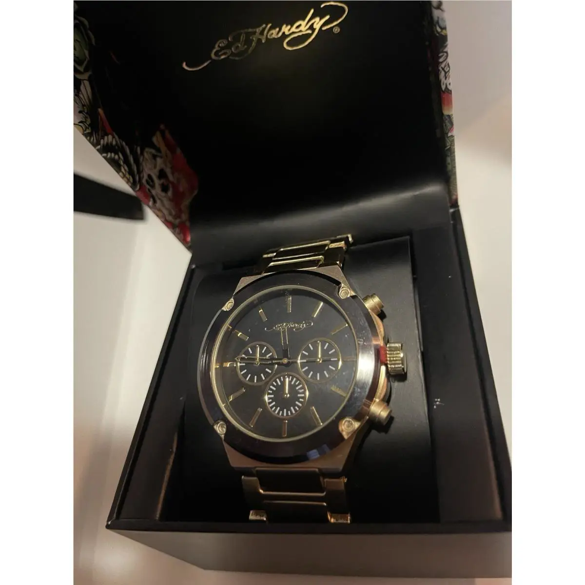Ed Hardy Mens Gold Tone Chronograph Watch Black Dial 45MM