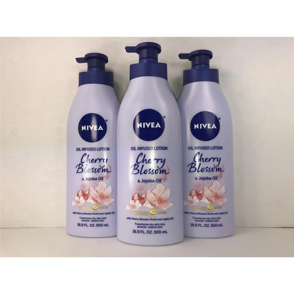 3 Nivea Body Lotion Cherry Blossom Jojoba Oil 24 Hr Moisture 16.9 Oz. Each