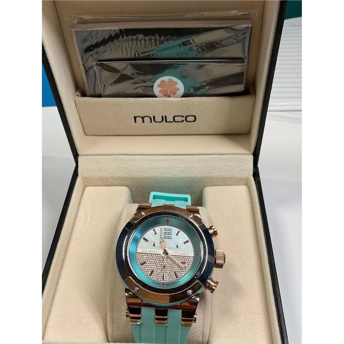 Blue Marine Rose Gold Turquoise Swiss Chronograph Watch MW5-1621-413 by Mulco