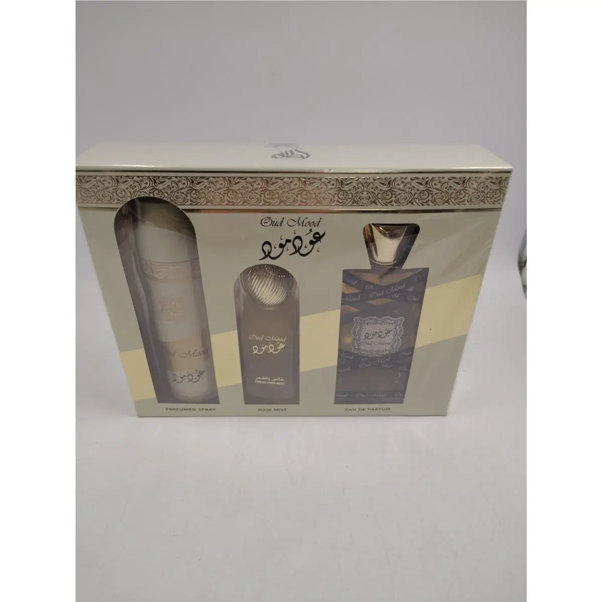 Lattafa Oud Mood 3 PC Gift Set Edp Perfume + Hair Mist + Body Spray