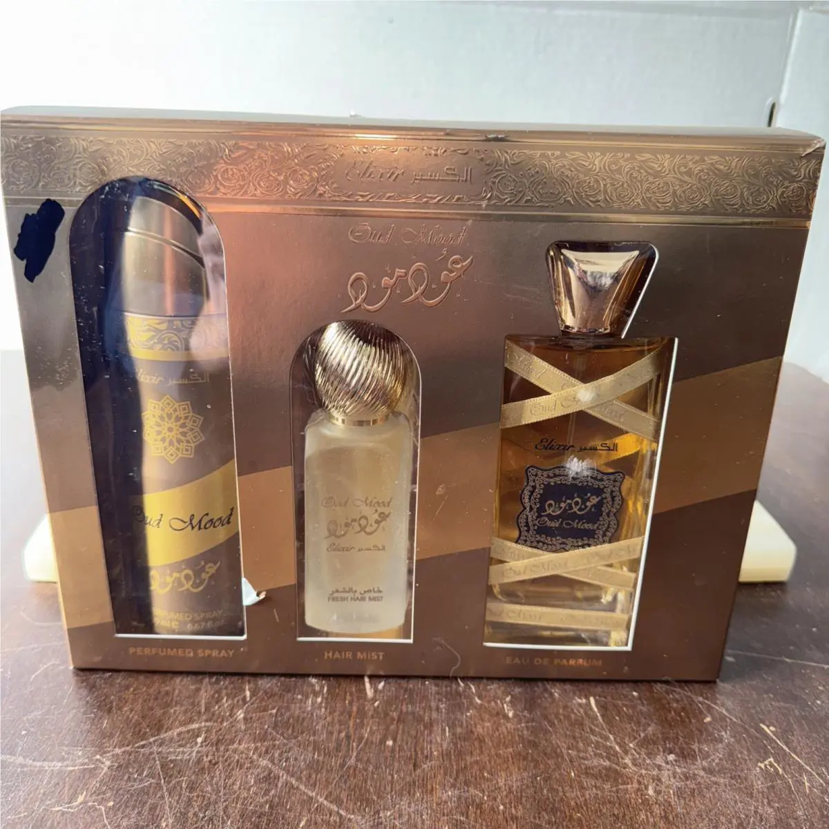 Lattafa Oud Mood Elixir 3pcs Set Hair Mist50ml+Spray200ml+EDP100ml p