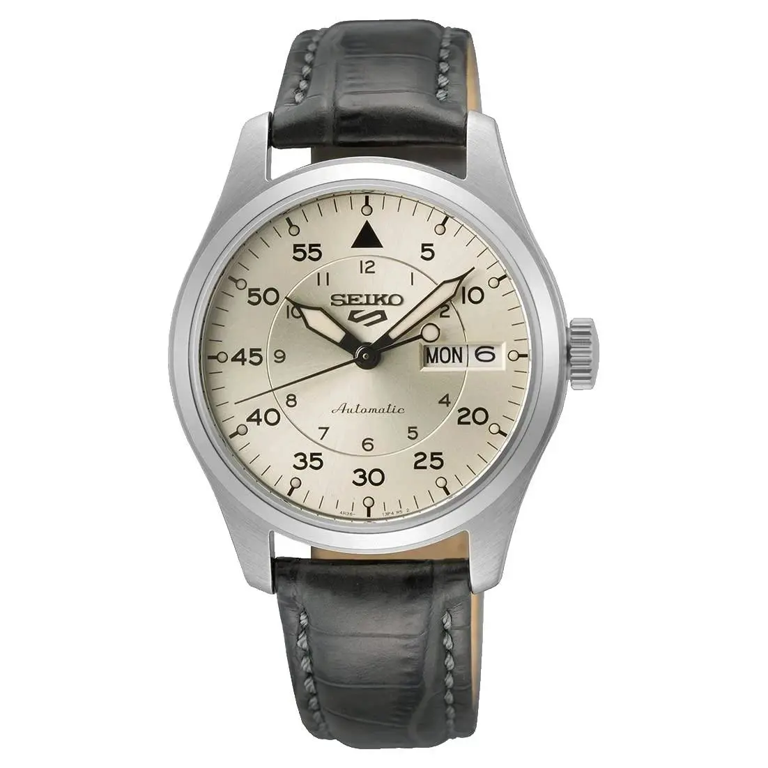 Seiko 5 Sports SRPJ87 36.4mm Silver Champagne Dial Field Pilot Leather Men Watch - Dial: Champagne, Silver, Band: Gray, Bezel: Silver