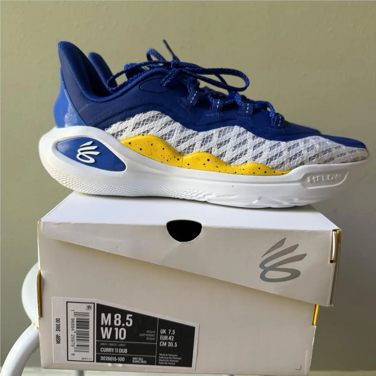 Under Armour Curry 11 Dub White/blue/yellow Men`s Basketball Shoes 3026615-100