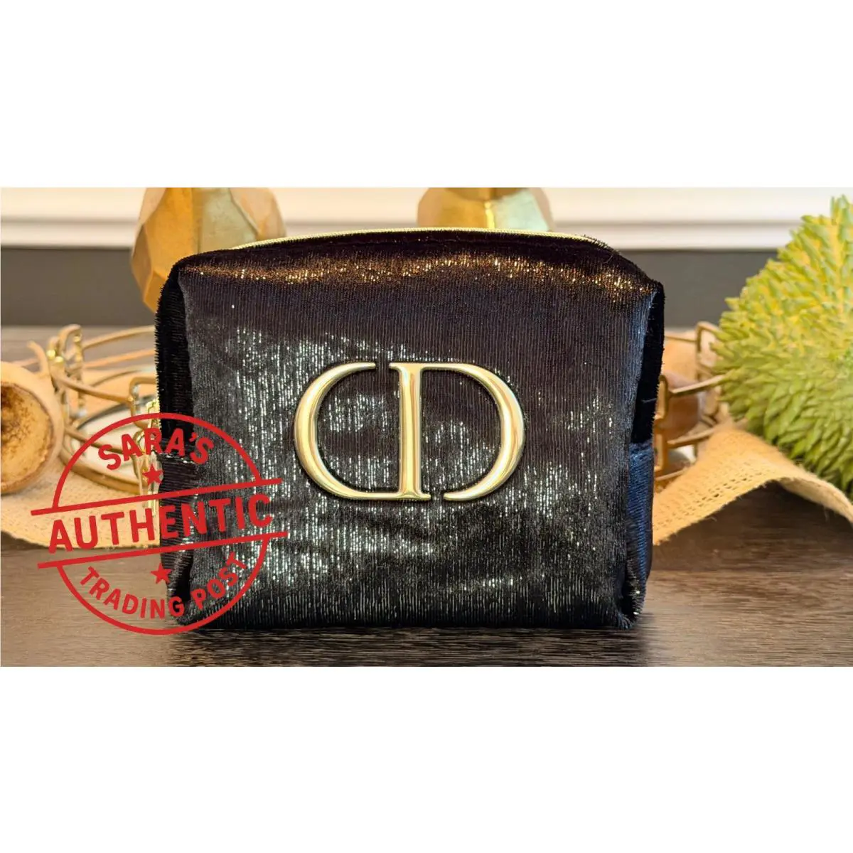 Christian  Black Velour Sequin Cosmetic Bag with Gold Accents Gwp + by Dior