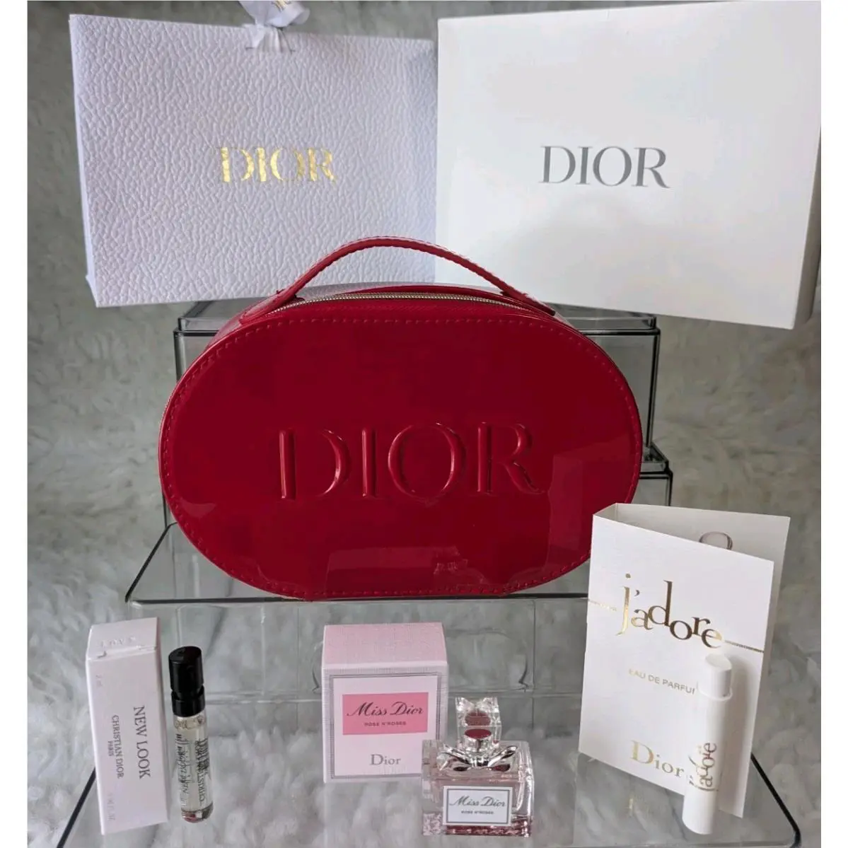 Dior Top Handle Red Vanity Bag + Miss Dior Rose N` Roses Edt Mini + 2 Vial Spray