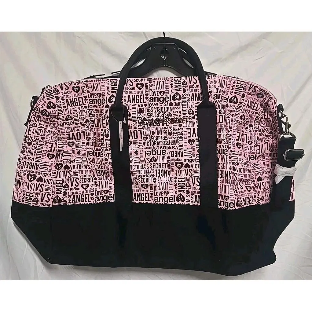 Victoria`s Secret VS Pink Black Angel Canvas Tote Bag Weekend Travel Gym Duffle