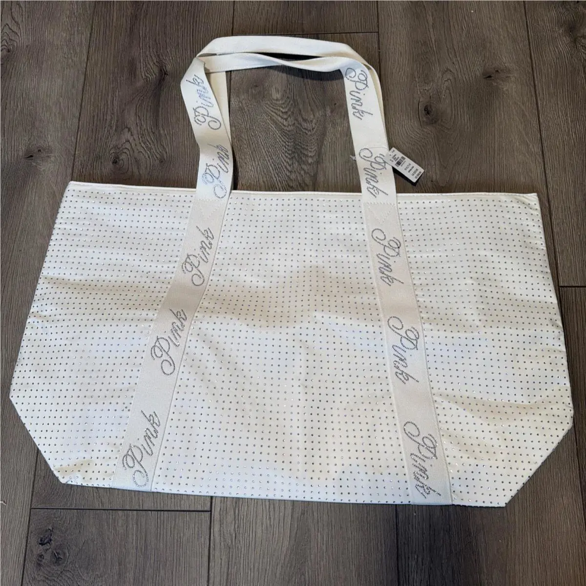 Victoria`s Secret Pink Tote Bag White Rhinestone Sparkle Top Zip