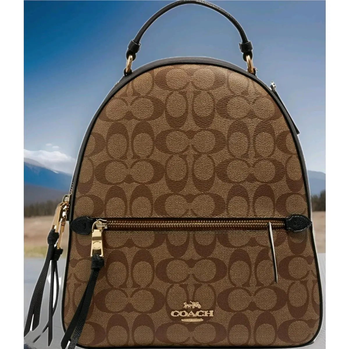 Coach Jordyn Signature Backpack Khaki Black White Canvas Leather Bag