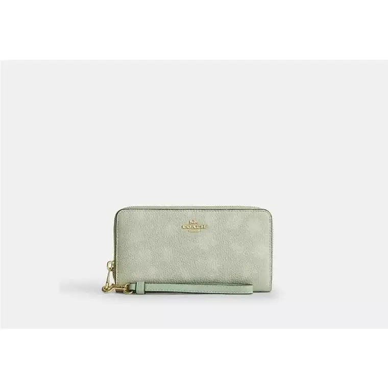 Long Zip Around Wallet with Strap CEC24 PEBBLED LEATHER/GOLD/PALE GREEN by Coach